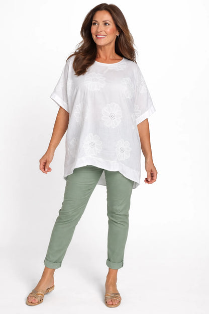 Pure Cotton Embroidered Flower Viera Top - White