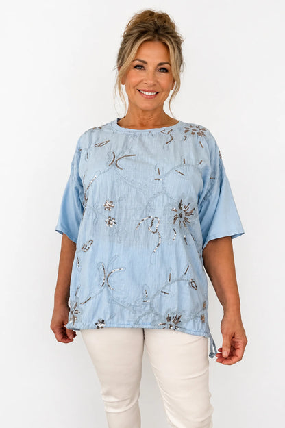Pure Cotton Embroidery Anglaise Sequin Golden Sparkle Floral Tied Detail Rosa Top- Baby Blue