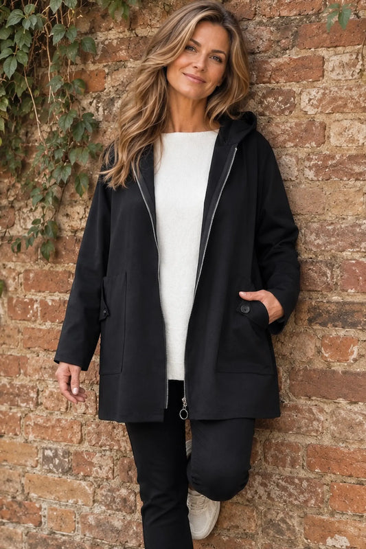 Cotton Button Back Detail Double Button Pocket Marnie Zipped Jacket - Black