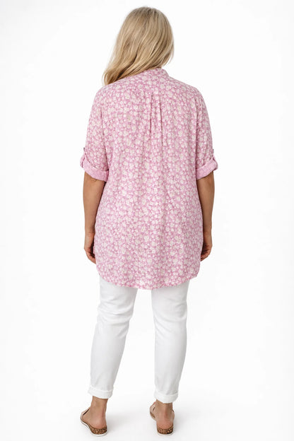 Linen Look Cotton Button Sleeve Daisy Button Shirt - Baby Pink