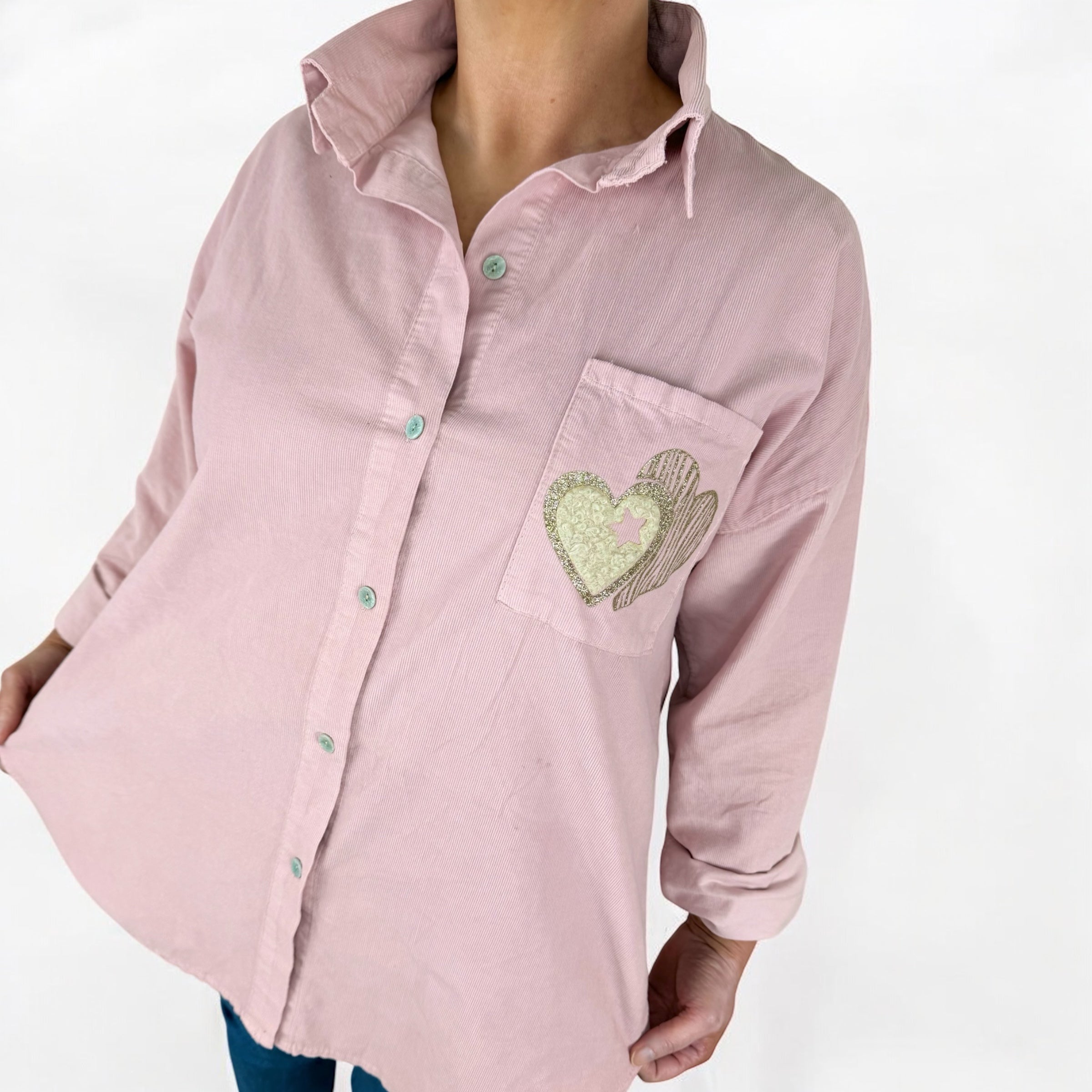 Pure Cotton Needlecord Gold Stitch Heart Pocket Shirt - Dusky Pink