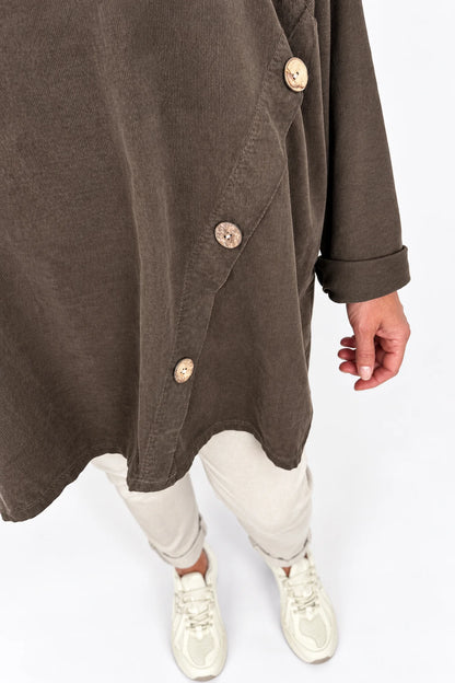 Cotton Fine Needlecord Patch Button Detail Fern Pocket Top - Chocolate