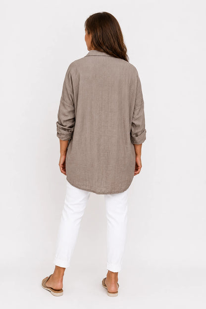 Premium Stitch Diamanté Button Sleeve Michaela Shirt - Mocha