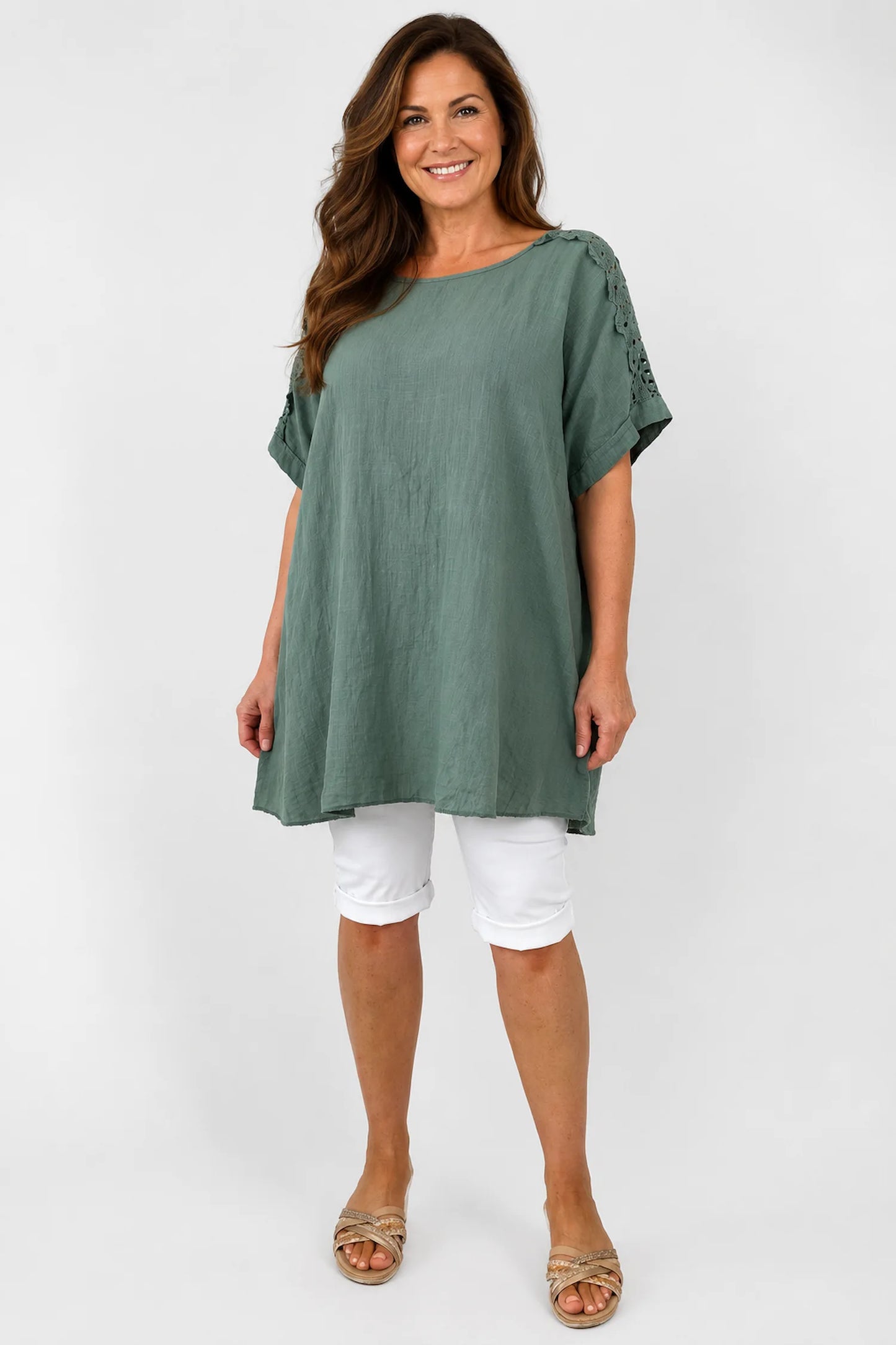 Pure Cotton Embroidered Crochet Sleeve Amira Top - Khaki