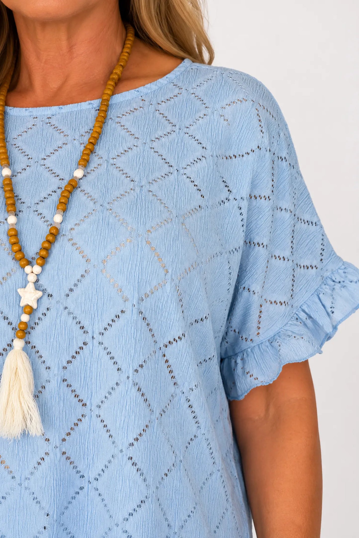 Lightly Textured Frill Sleeve Giana Necklace Top - Baby Blue