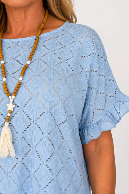 Lightly Textured Frill Sleeve Giana Necklace Top - Baby Blue