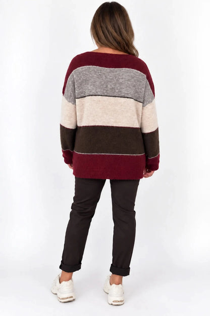 Wool Mix Stripe Marie Top - Wine/Mocha/Cream/Chocolate