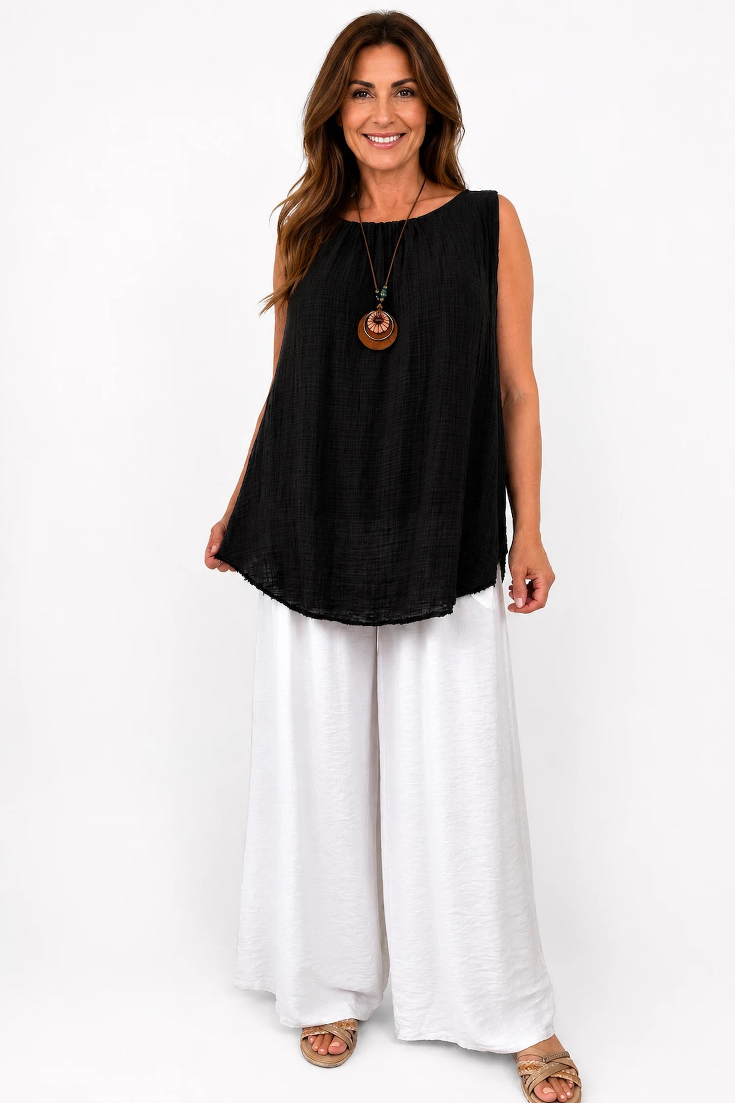 Elasticated Smocked Waist Patch Pocket Milan Wide Leg Pants - White