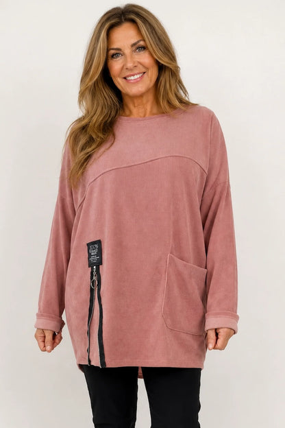 Zipped Hem Badge Detail Ciello Chenille Pocket Top - Rose Pink