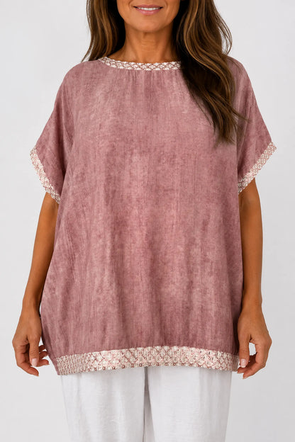 Crochet Lattice Trim Lightly Textured Marsi Top - Washed Vintage Rose