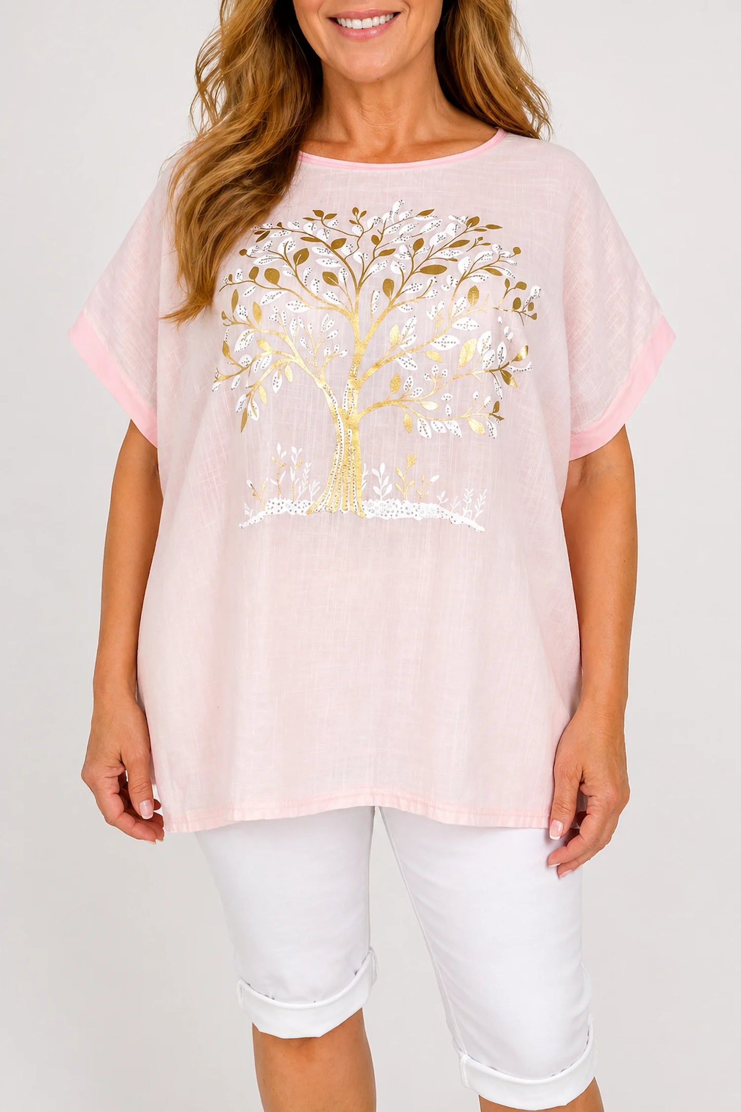 Linen Cotton Mix Diamanté Golden Leaf Carletta Top - Rose Gold