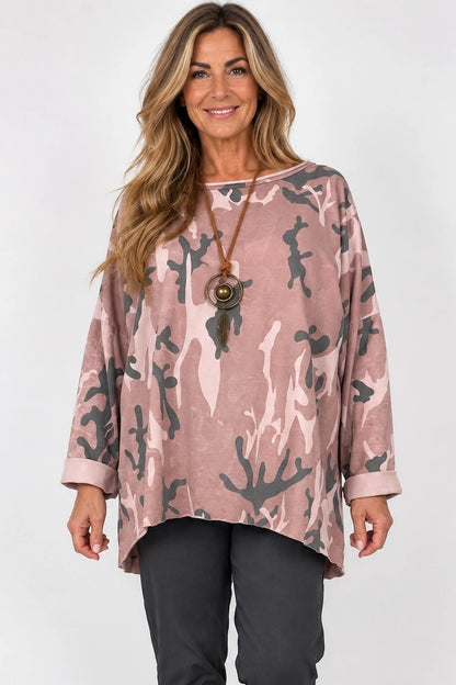 Cotton Raw Edge Hem Catia Camo Necklace Top - Vintage Rose