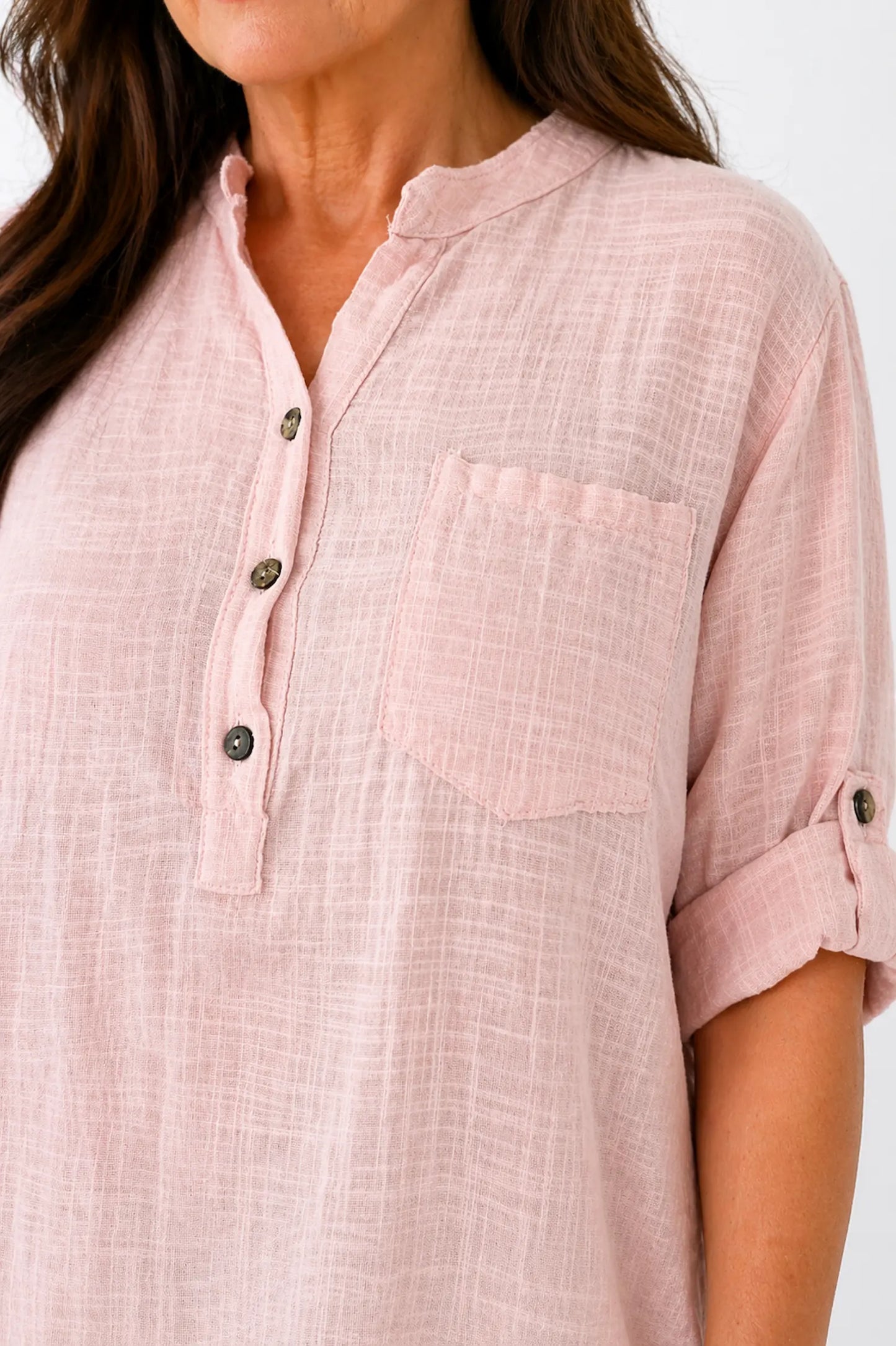 Linen Look Pure Cotton Pocket Detail Button Sleeve Calilla Button Shirt - Vintage Pink