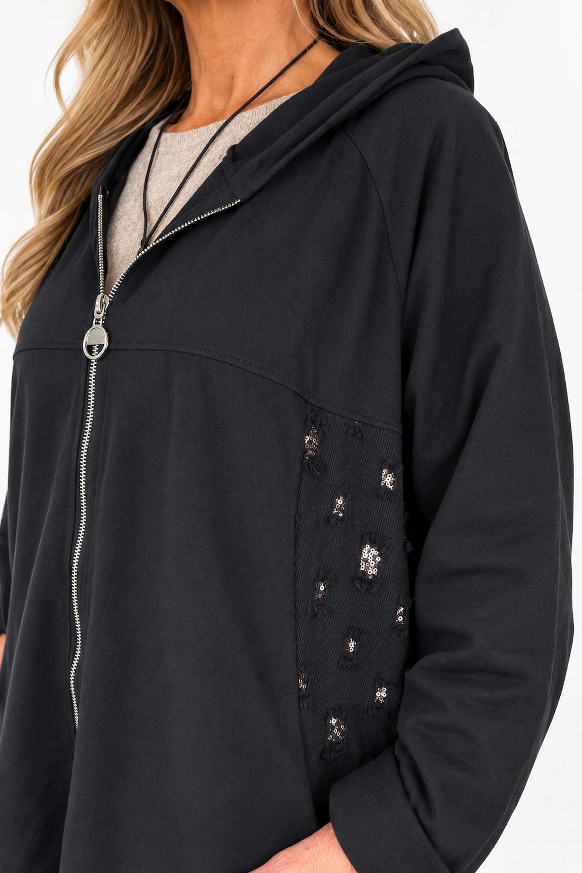 Cotton Gold Stitch Detail Zipped Florenzi Hooded Jacket - Black