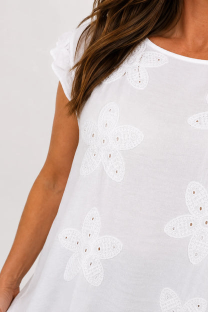 Frill Sleeve Embroidered Floral Detail Sienna Cap Sleeve Top - White