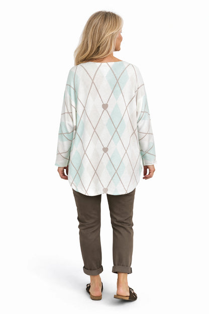 Premium Spring Knit Argyle Heart Florentina Seam Sleeve Top - Mint/Beige
