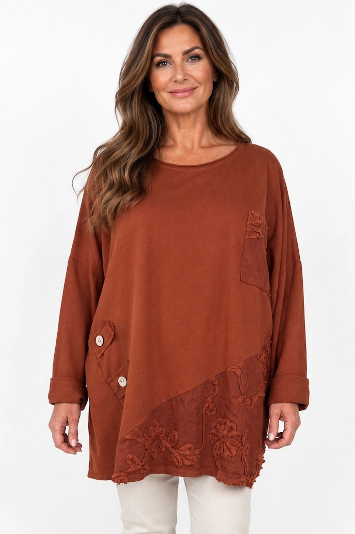 Cotton Button Detail Embroidery Anglaise Needlecord Hem Italia Top - Burnt Orange