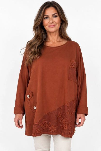 Cotton Button Detail Embroidery Anglaise Needlecord Hem Italia Top - Burnt Orange
