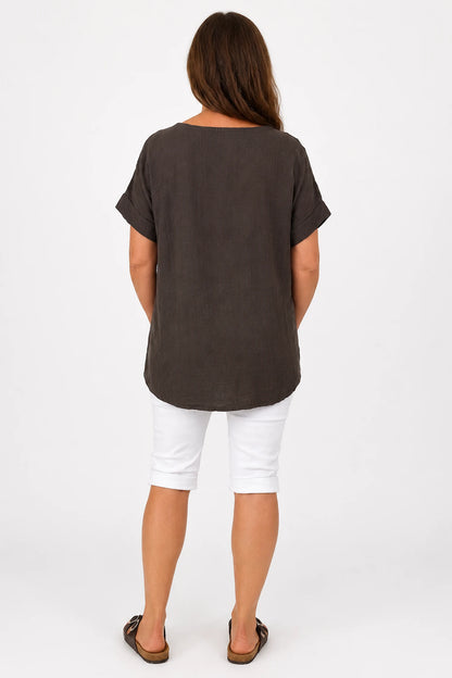 Pure Cotton Embroidered Flower Mesh Detail Capari Top - Chocolate