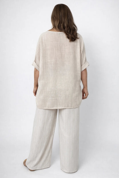 Pure Cotton Linen Look Italia Necklace Top - Stone
