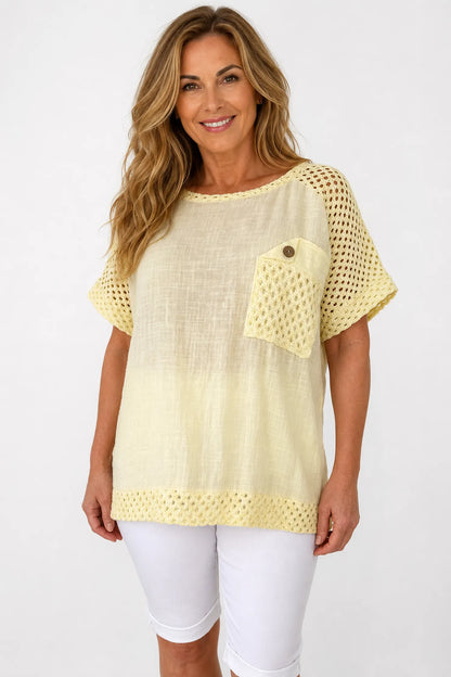Pure Cotton Crochet Detail Button Pocket Palermo Top - Lemon