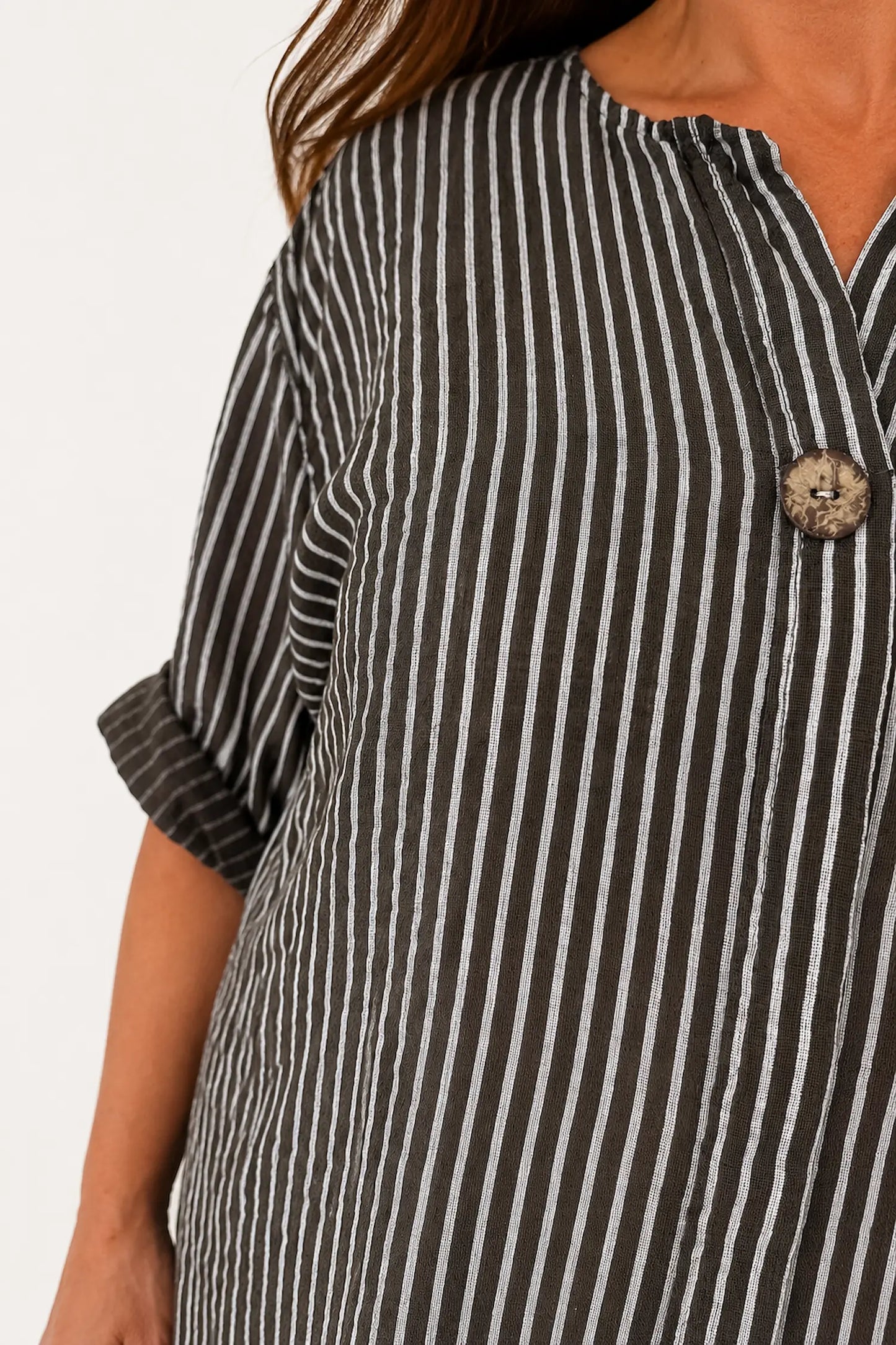 Pure Cotton Pin Stripe Bianca Button Shirt - Chocolate