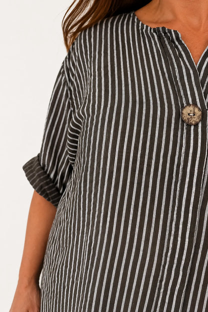 Pure Cotton Pin Stripe Bianca Button Shirt - Chocolate