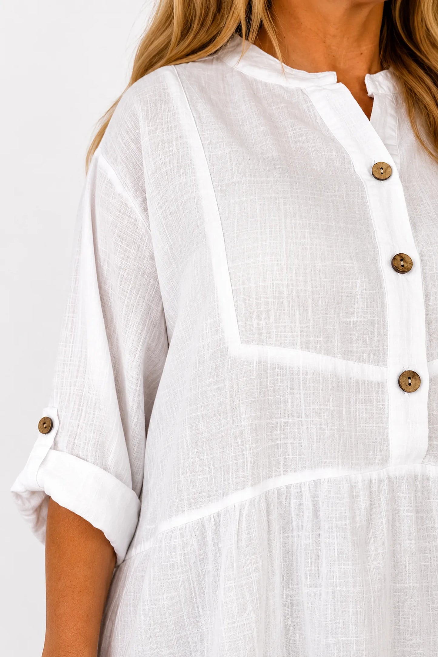 Linen Cotton Blend Button Sleeve Monica Button Shirt - White