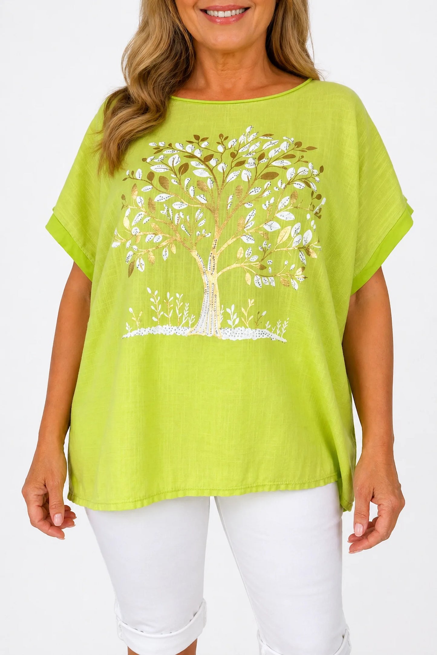 Linen Cotton Mix Diamanté Golden Leaf Carletta Top - Citrus Lime