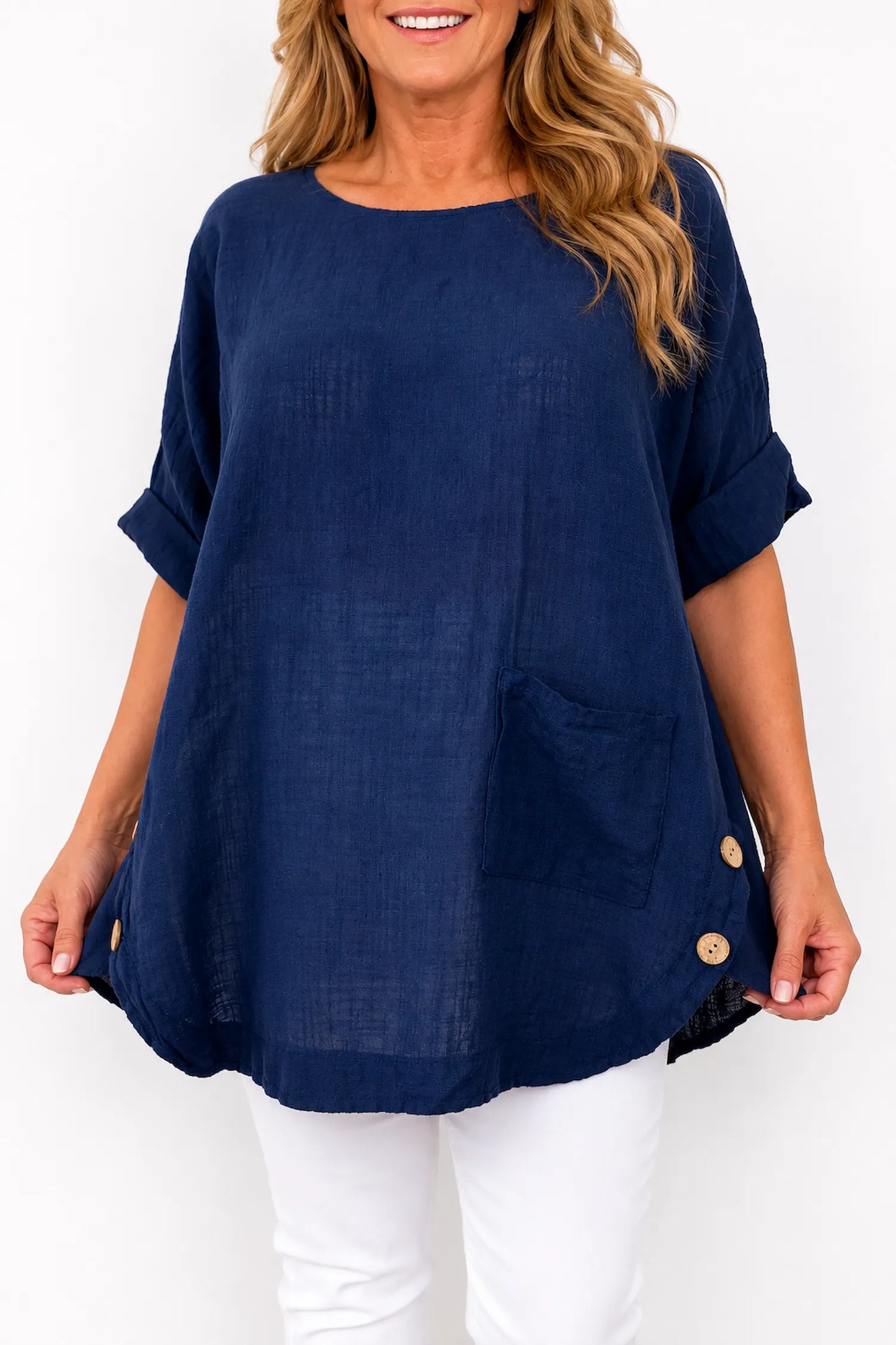 Linen Look Pure Cotton Button Detail Pocket Venice Top - Navy