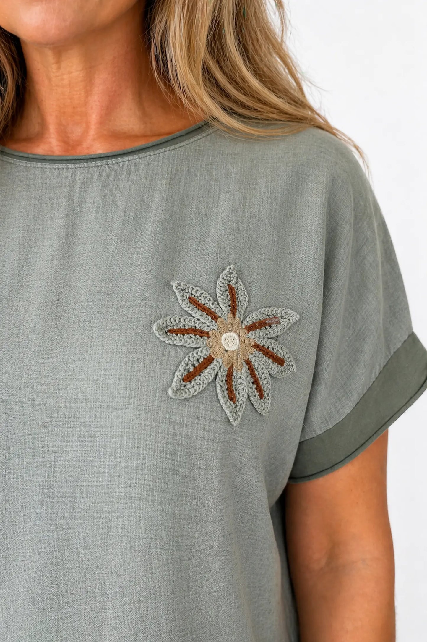 Cotton Linen Mix Embroidered Flower Mesh Hem Solara Top - Khaki
