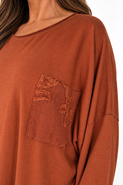 Cotton Button Detail Embroidery Anglaise Needlecord Hem Italia Top - Burnt Orange