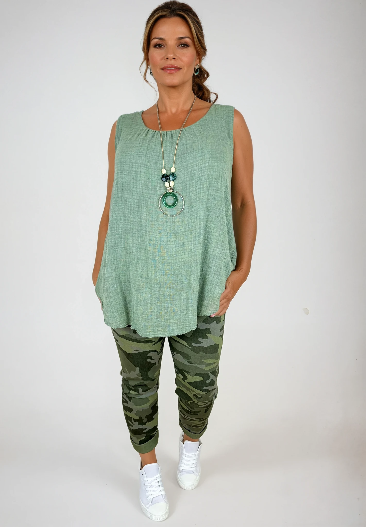 Fully Lined Cotton Necklace Vest - Khaki
