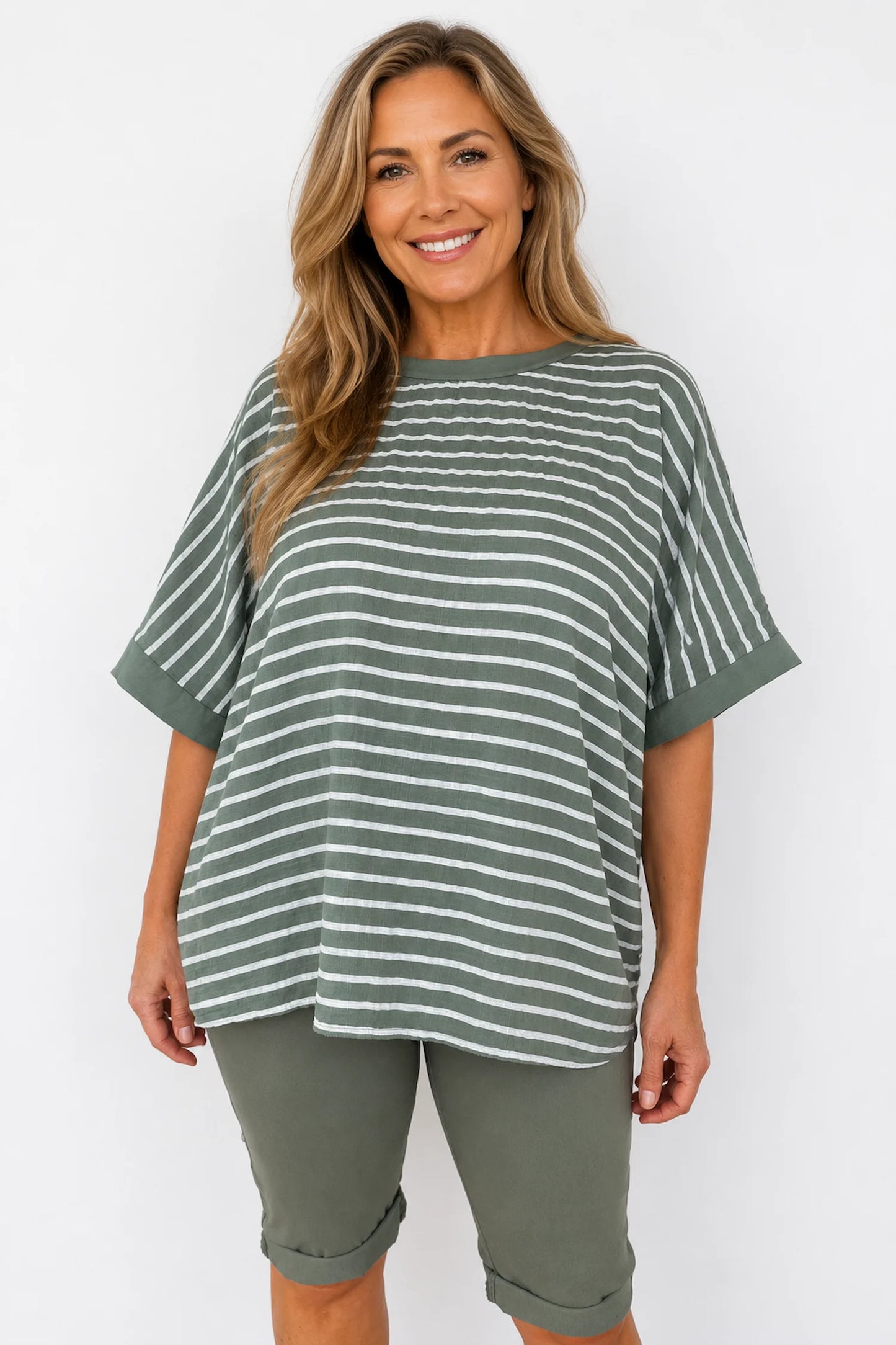 Cotton Harriet Stripe Top - Khaki