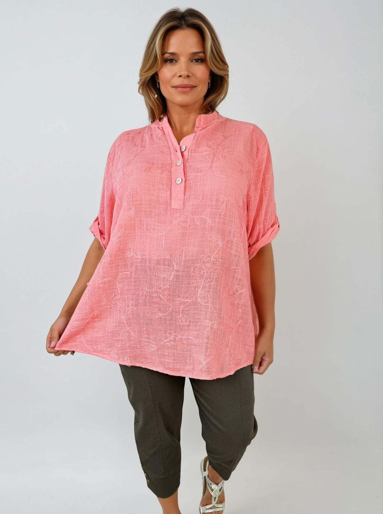Pure Cotton Embroidery Anglaise Button Sleeve Elara Shirt - Coral