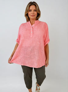 Pure Cotton Embroidery Anglaise Button Sleeve Elara Shirt - Coral