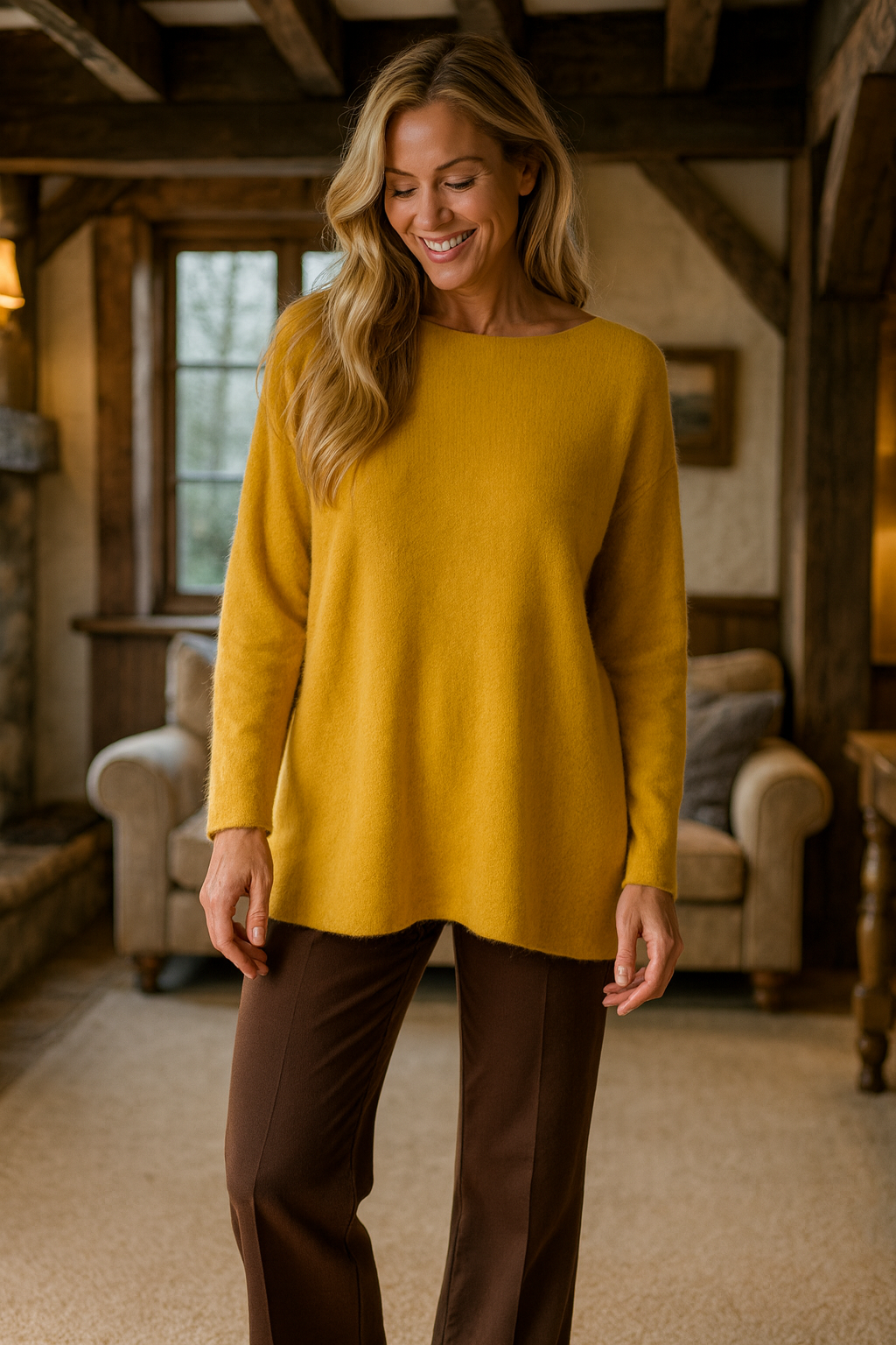 Pure Cotton Allegra Fine Knit Seam Sleeve Detail Jumper - Mustard