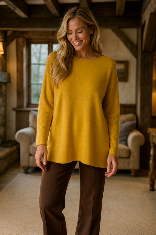 Pure Cotton Allegra Fine Knit Seam Sleeve Detail Jumper - Mustard