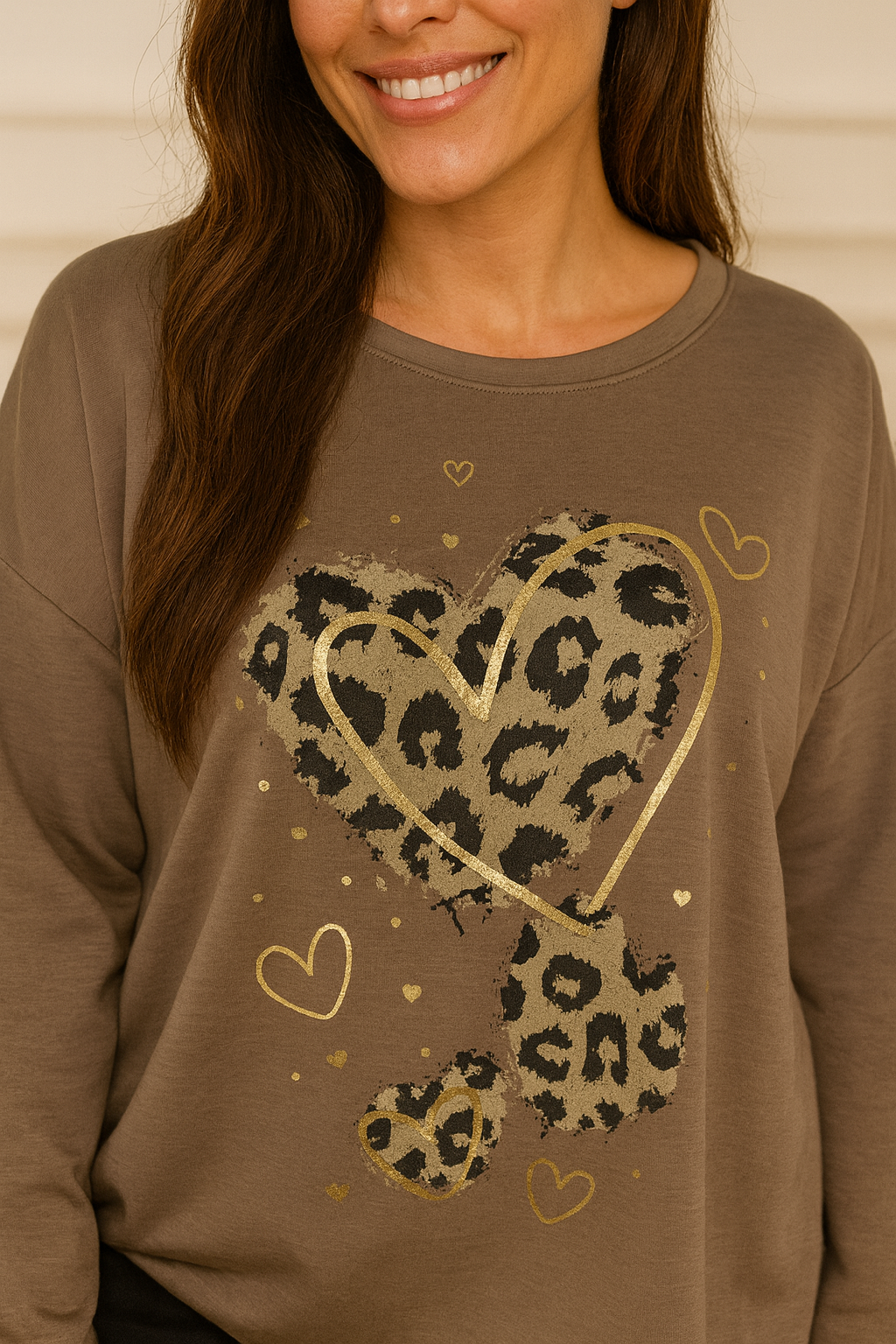 Ella Leopard Heart Light weight Sweatshirt - Mocha