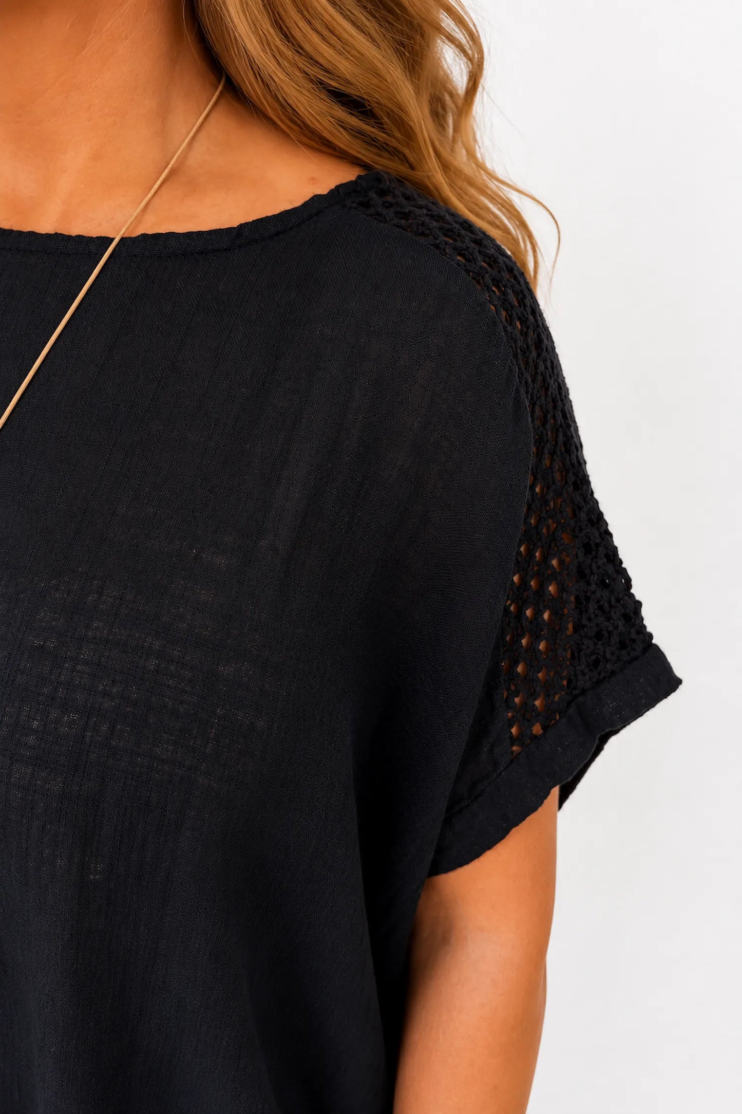 Pure Cotton Crochet Detail Francesca Necklace Top - Black