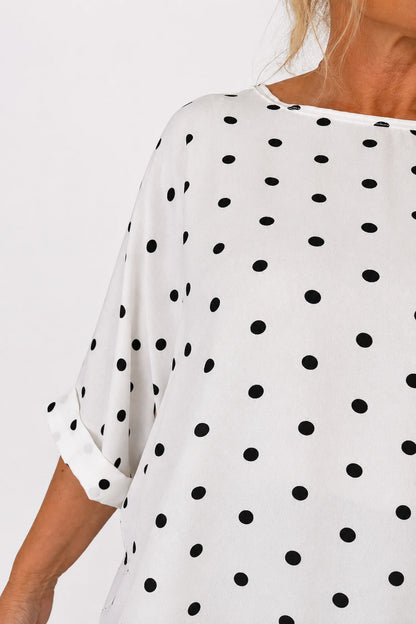 Polka Dot Lightweight Flow Paris Top - White