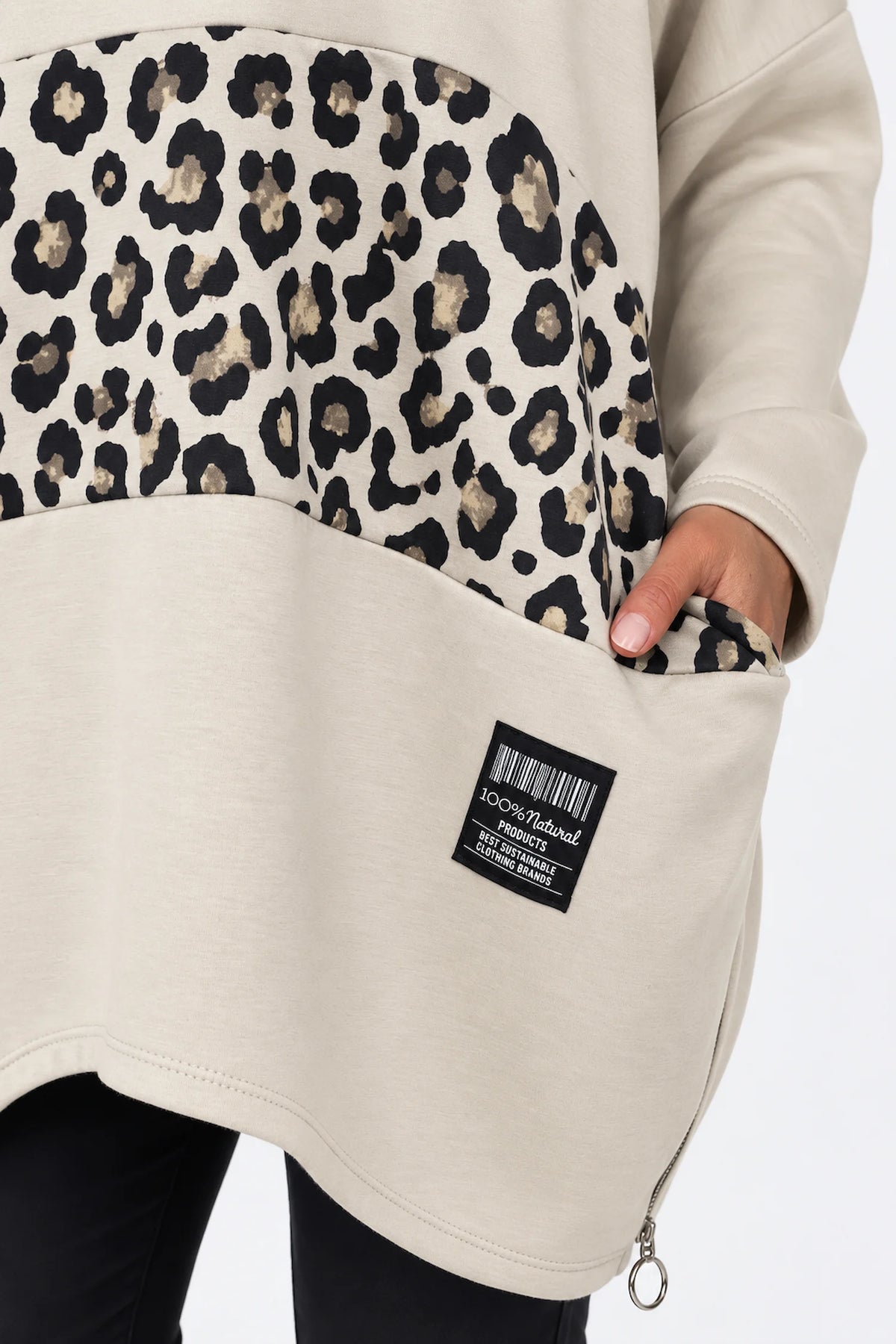 Zipped Hem Leopard Patch Badge Detail Double Pocket Varsia Top - Beige