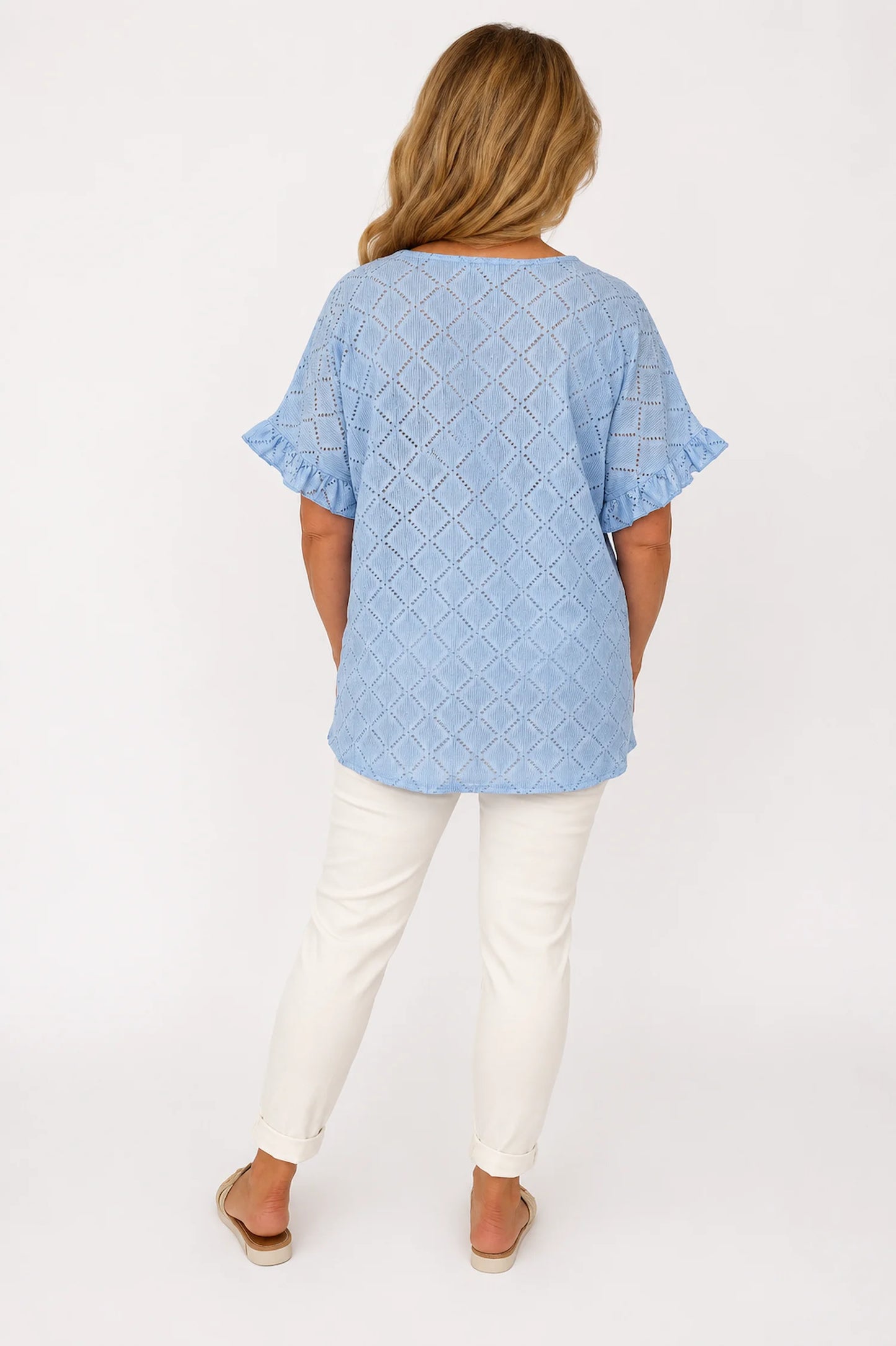 Lightly Textured Frill Sleeve Giana Necklace Top - Baby Blue
