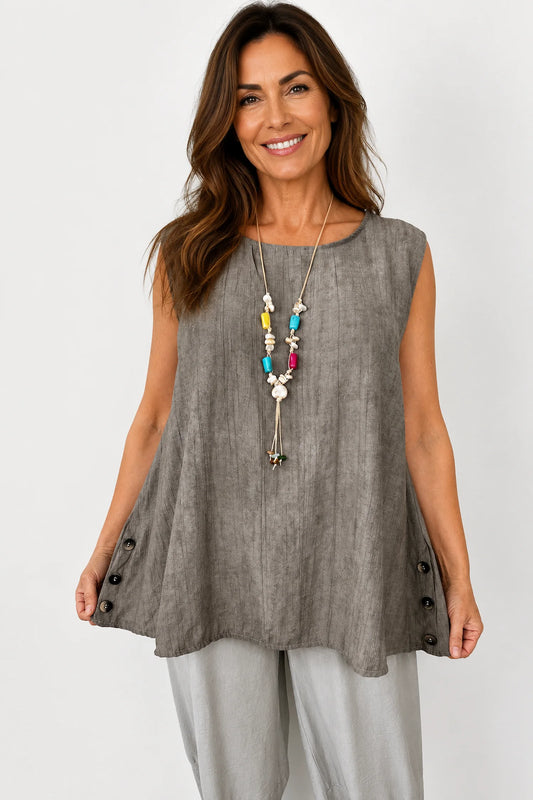 Lightly Textured Button Detail Carla Necklace Vest - Washed Mocha
