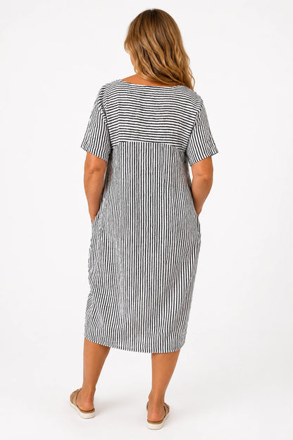Pure Cotton Double Pocket Khiara Pinstripe Dress - White