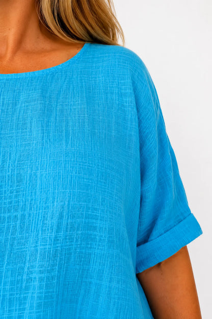 Linen Look Pure Cotton Button Detail Pocket Venice Top - Turquoise