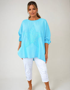Cotton Sparkle Star Siana Button Sleeve Batwing Top - Turquoise