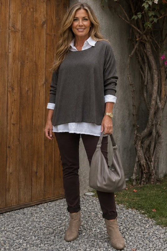 Cotton Fine Knit Two In One Mira Top - Cocoa