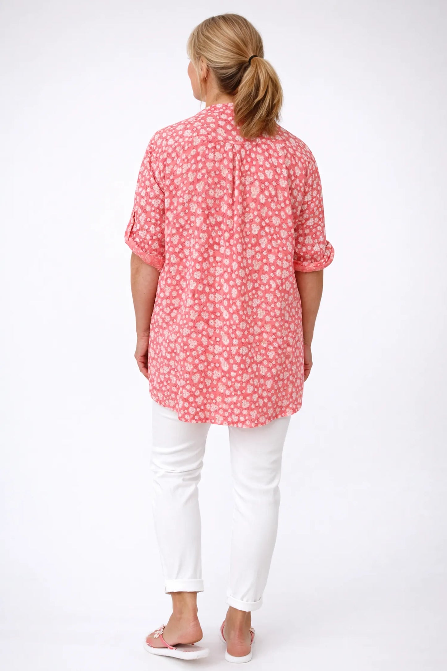 Linen Look Cotton Button Sleeve Daisy Button Shirt - Coral