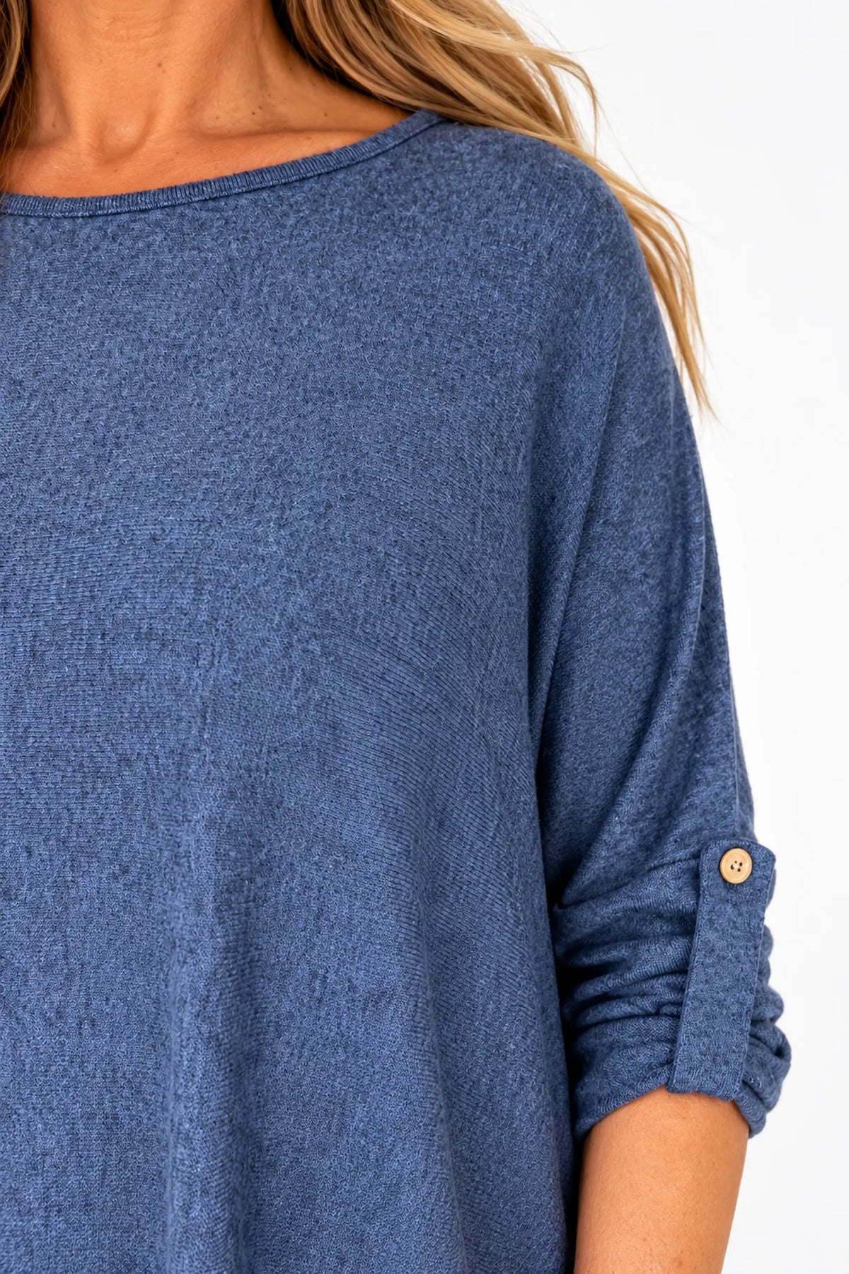 Fine Knit Button Sleeve Batwing Angelica Top - Denim